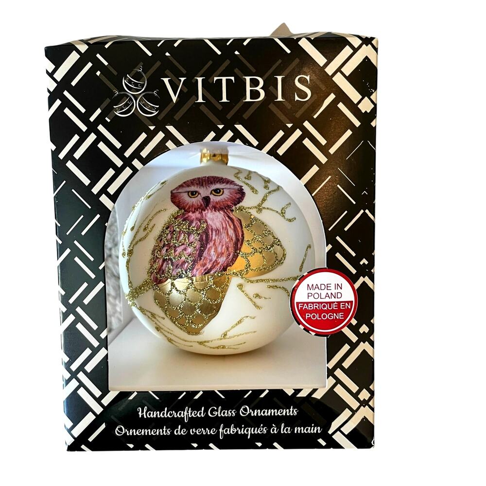 VITBIS Poland Hand Painted Glass Ornament 4" OWL Purple Gold Glitter Holiday NEW